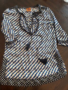 Silk Tory Burch Navy and White Tassel-Trim Printed Tunic